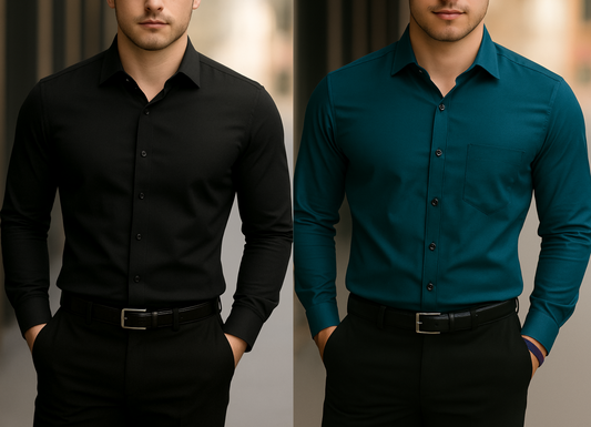 Solid Formal Shirts For Mens - Black & Teal Blue - Pack Of 2 Shirts