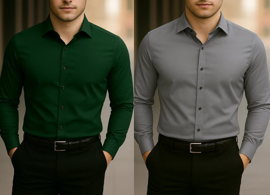Solid Formal Shirts For Mens - Green & Grey - Pack Of 2 Shirts