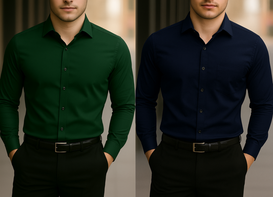 Solid Formal Shirts For Mens - Green & Navy Blue - Pack Of 2 Shirts