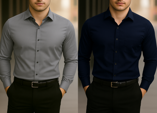 Solid Formal Shirts For Mens - Grey & Navy Blue - Pack Of 2 Shirts
