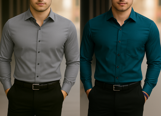 Solid Formal Shirts For Mens - Grey & Teal Blue - Pack Of 2 Shirts