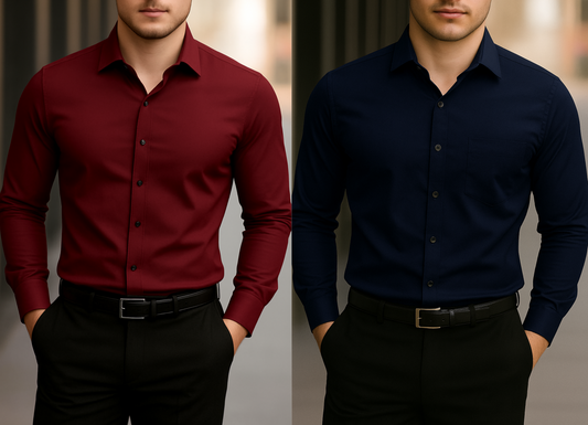 Solid Formal Shirts For Mens - Maroon & Navy Blue - Pack Of 2 Shirts