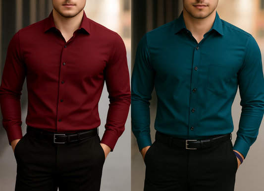 Solid Formal Shirts For Mens - Maroon & Teal Blue - Pack Of 2 Shirts
