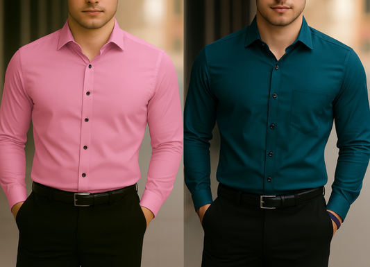 Solid Formal Shirts For Mens - Pink & Teal Blue - Pack Of 2 Shirts
