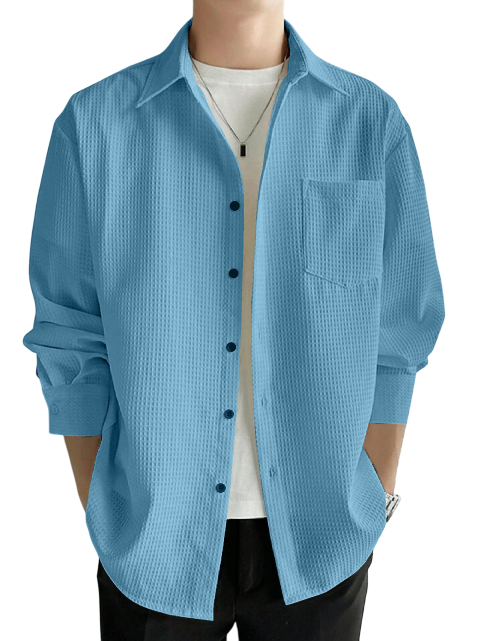 Casual Stylish Relaxed Fit Textured Sky Blue Shirt For Mens