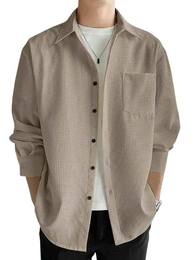 Casual Stylish Relaxed Fit Textured Beige Shirt For Mens