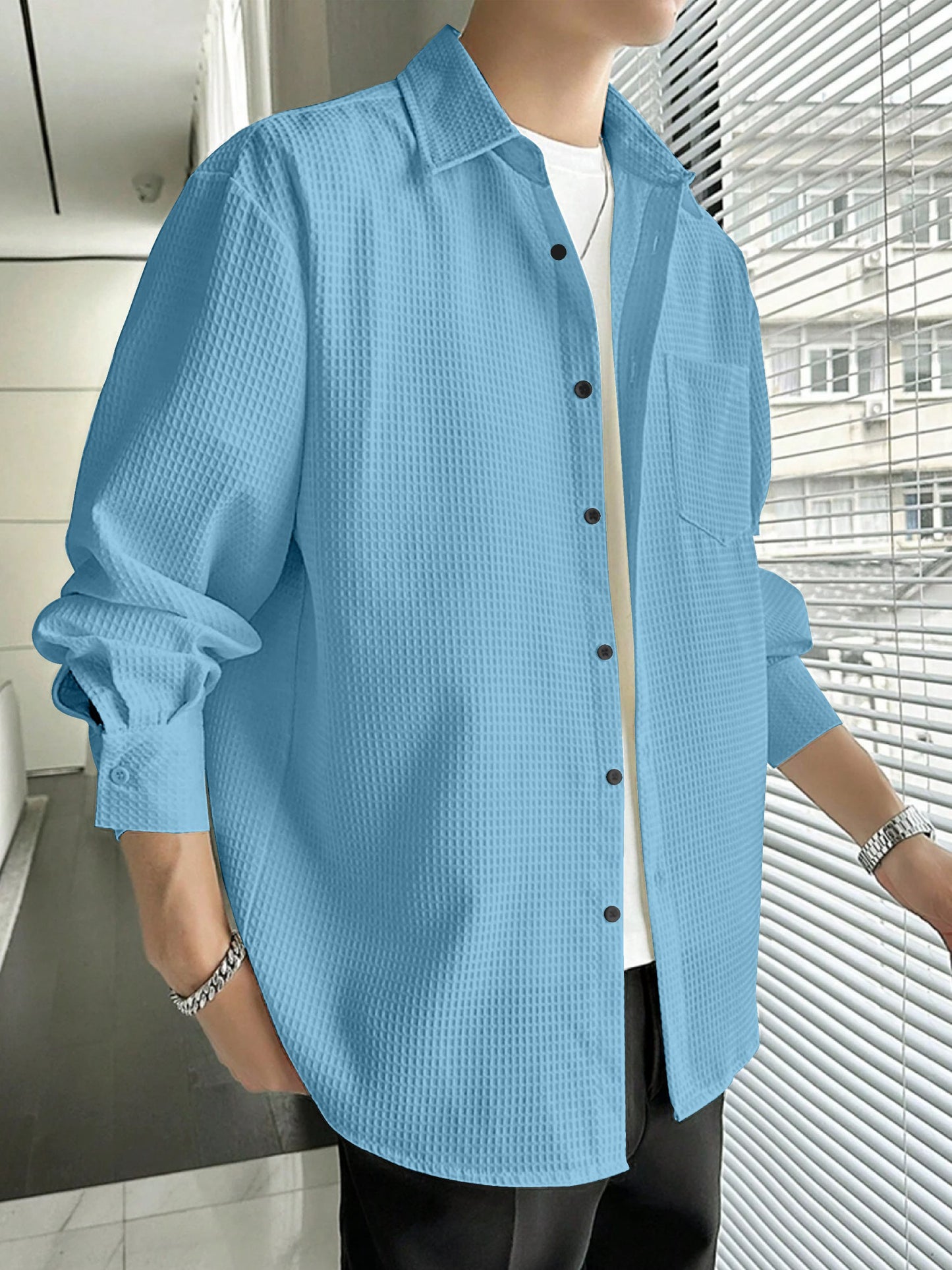 Casual Stylish Relaxed Fit Textured Sky Blue Shirt For Mens