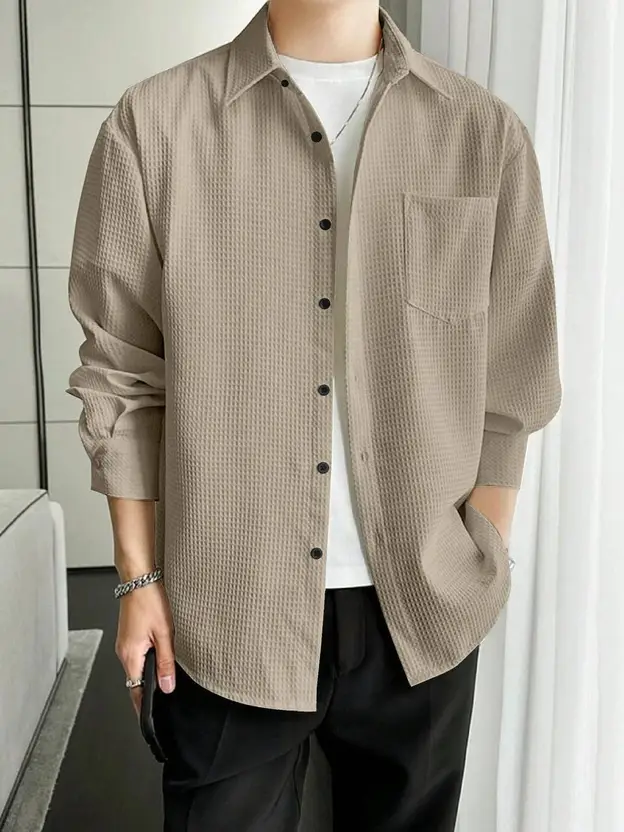 Casual Stylish Relaxed Fit Textured Beige Shirt For Mens