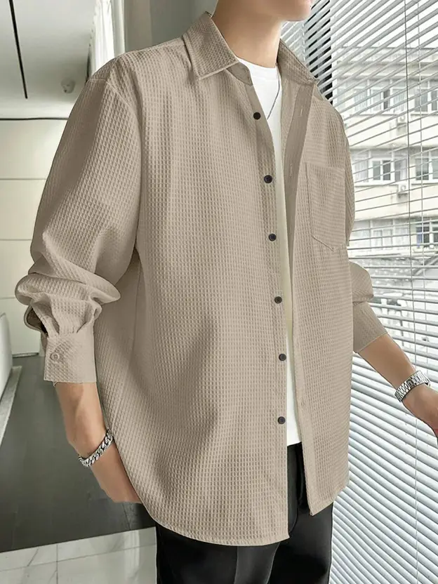 Casual Stylish Relaxed Fit Textured Beige Shirt For Mens