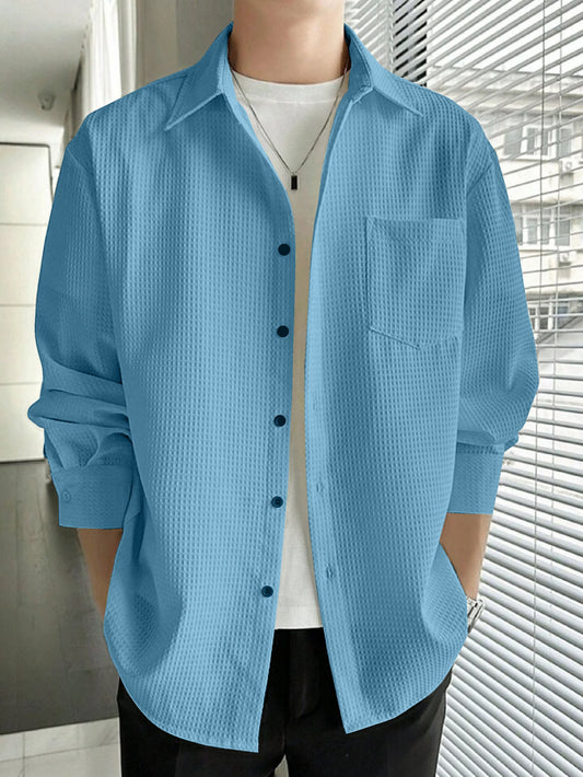 Casual Stylish Relaxed Fit Textured Sky Blue Shirt For Mens