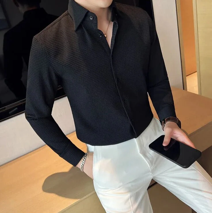Casual Stylish Polycotton Black Shirt  | Relaxed Fit Textured Shirt For Mens