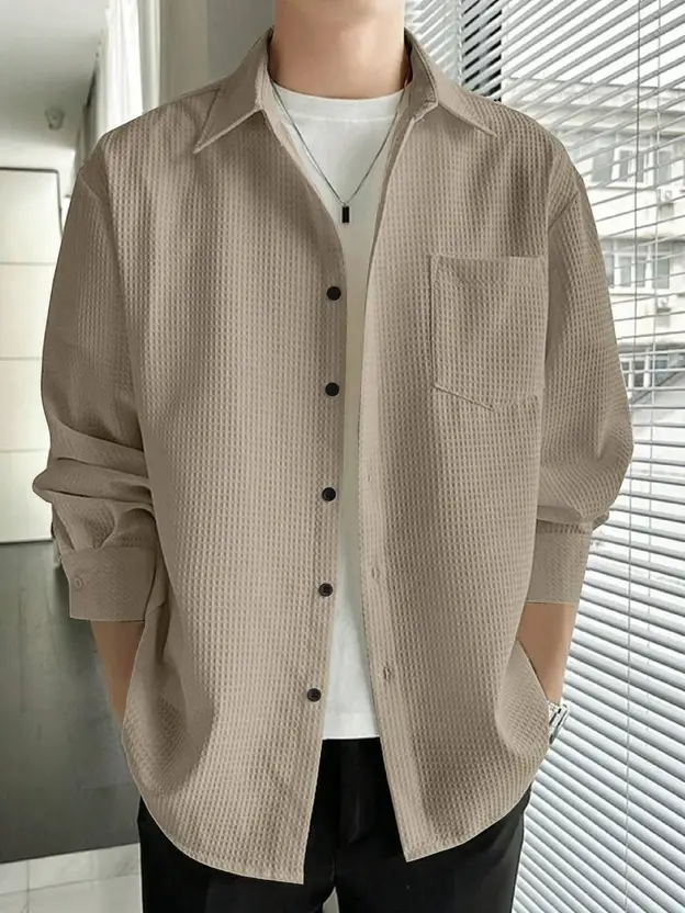 Casual Stylish Relaxed Fit Textured Beige Shirt For Mens