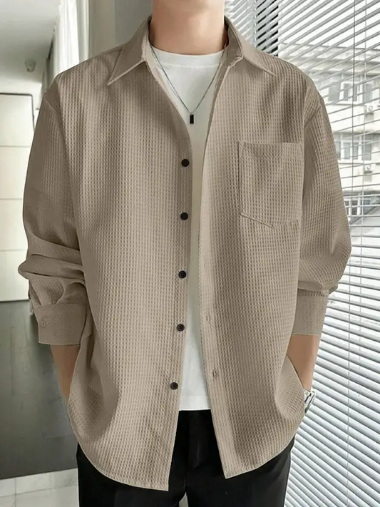Casual Stylish Relaxed Fit Textured Beige Shirt For Mens