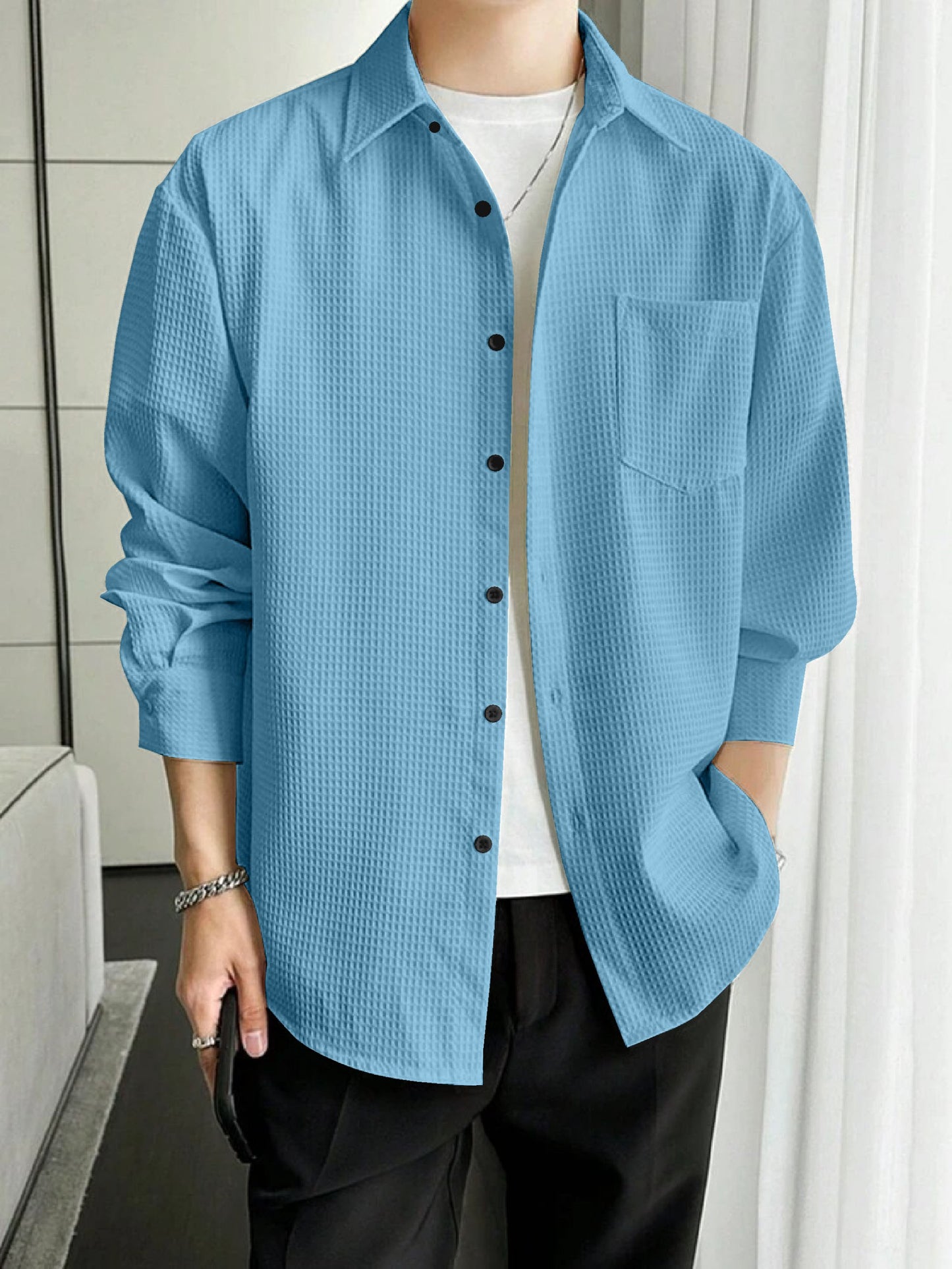 Casual Stylish Relaxed Fit Textured Sky Blue Shirt For Mens