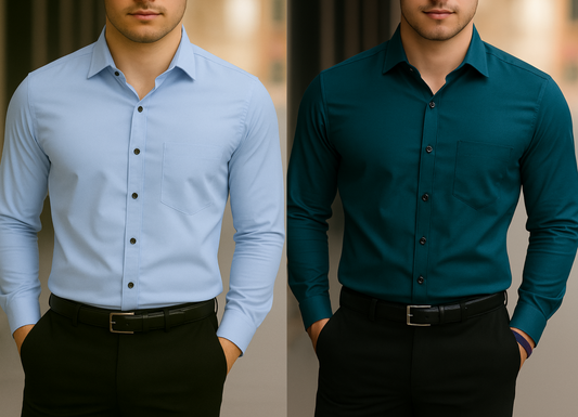 Solid Formal Shirts For Mens - Teal Blue & Sky Blue - Pack Of 2 Shirts