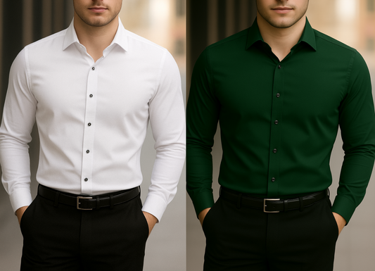 Solid Formal Shirts For Mens - White & Green - Pack Of 2 Shirts