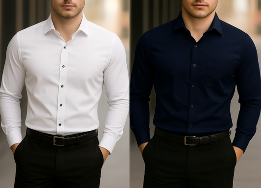 Solid Formal Shirts For Mens - White & Navy Blue - Pack Of 2 Shirts