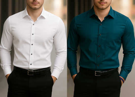 Solid Formal Shirts For Mens - White & Teal Blue - Pack Of 2 Shirts